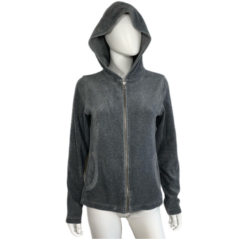 Eddie Bauer Gray Velour Hooded Zip Front Y2K Track Jacket